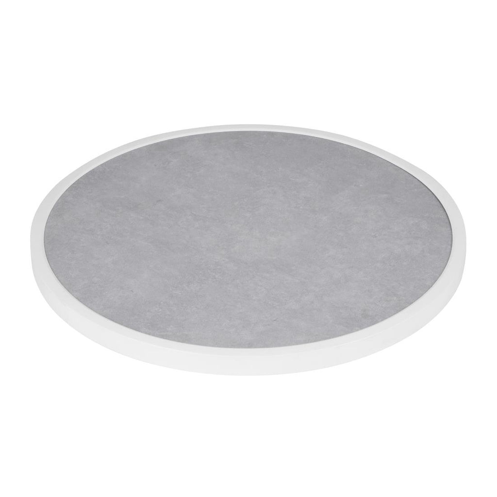 Bolero Light Grey Stone Effect Outdoor Fibre Glass Table Top White Trim Rnd580mm
