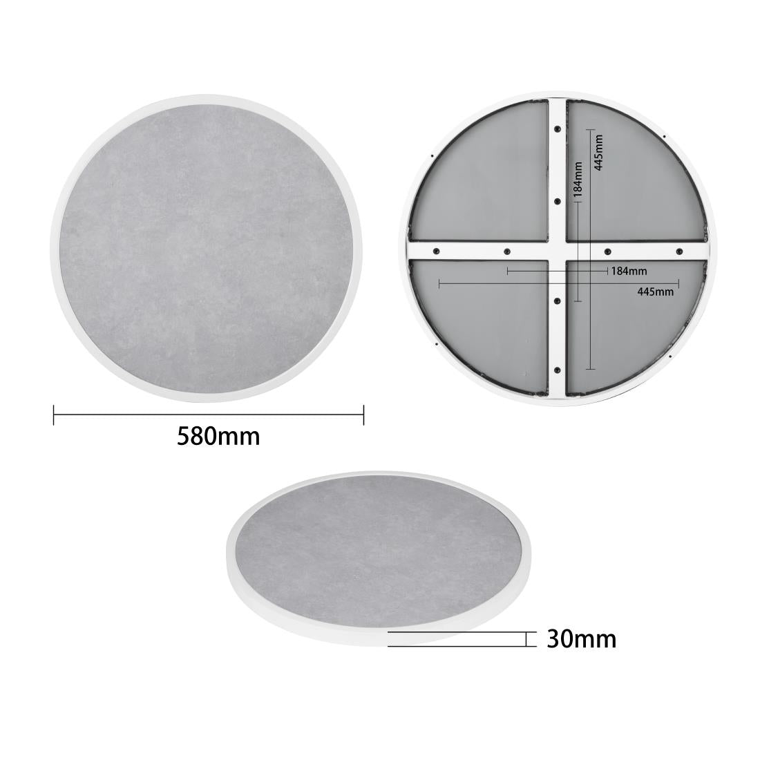 Bolero Light Grey Stone Effect Outdoor Fibre Glass Table Top White Trim Rnd580mm