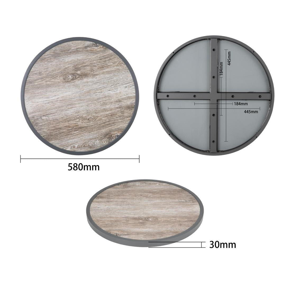 Bolero Wood Grain Effect Outdoor Fibre Glass Table Top Grey Trim Round - 580mm