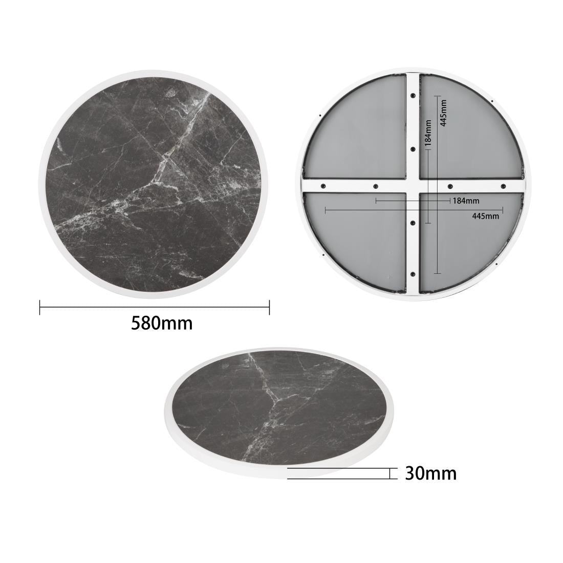 Bolero Dark Granite Effect Outdoor Fibre Glass Table Top White Trim Round 580mm