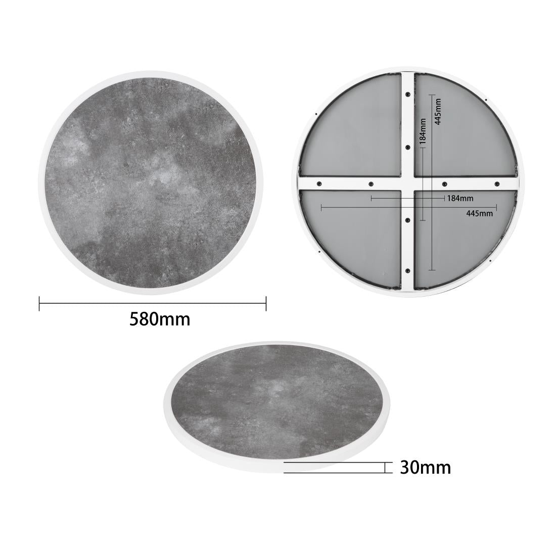 Bolero Dark Stone Effect Outdoor Fibre Glass Table Top White Trim Round - 580mm