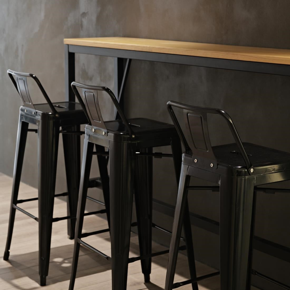 Bolero Black Steel Bistro High Stool with Backrest (Pack 4)