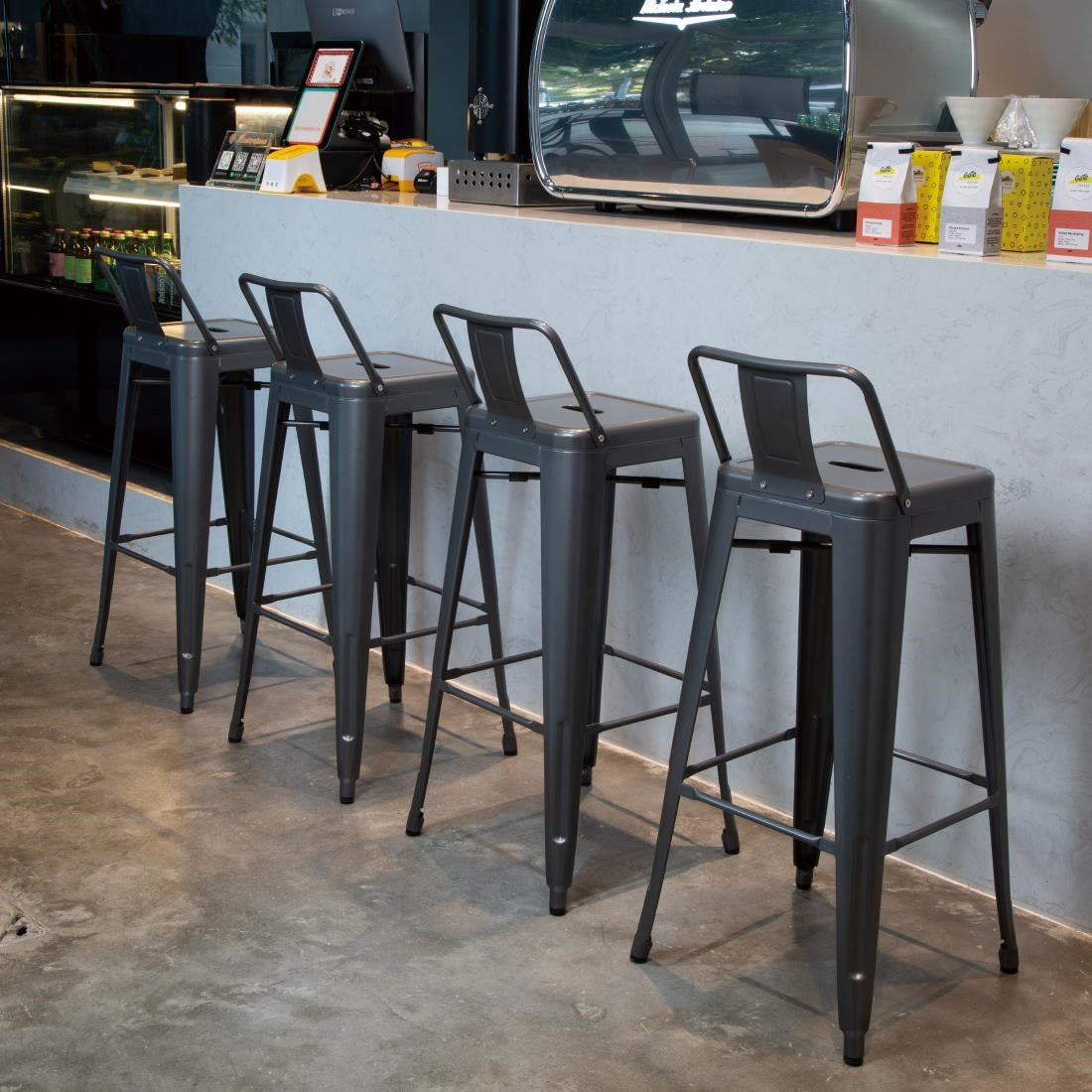 Bolero Gun Metal Grey Steel Bistro High Stool with backrest (Pack 4)