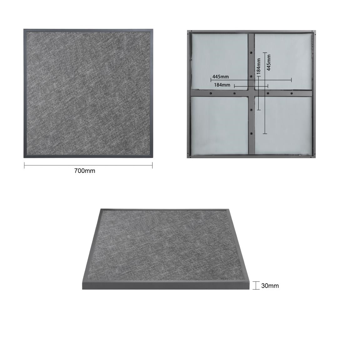 Bolero Black Brushed Mix Outdoor Fibre Glass Table Top Square Grey Trim - 700mm