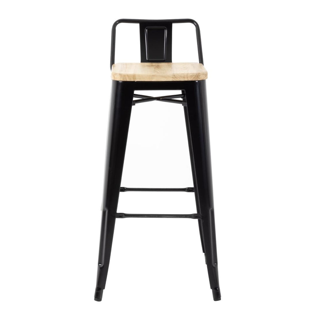 Bolero Bistro High Stool with Backrest Black & Wooden Seat Pad (Pack 4)