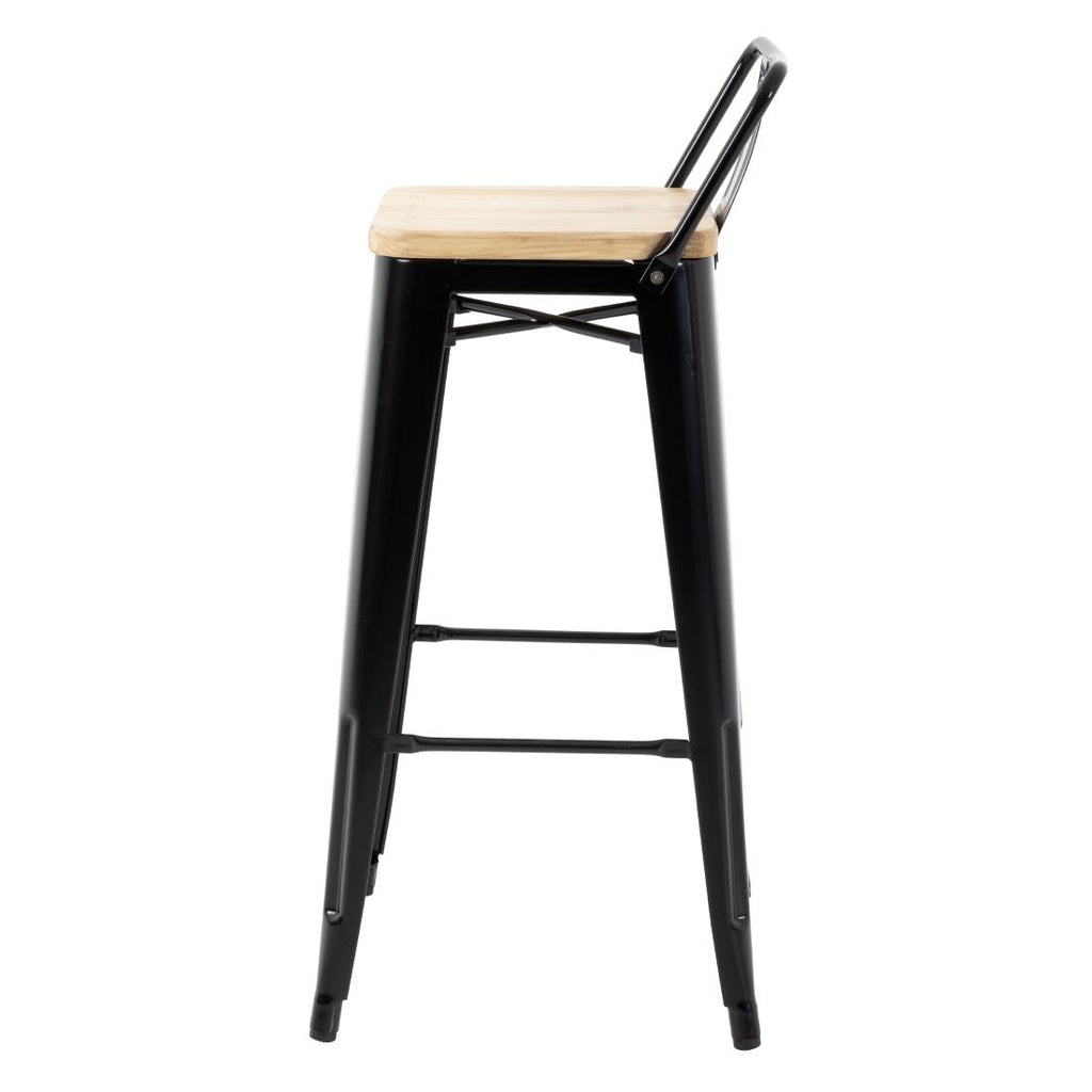 Bolero Bistro High Stool with Backrest Black & Wooden Seat Pad (Pack 4)