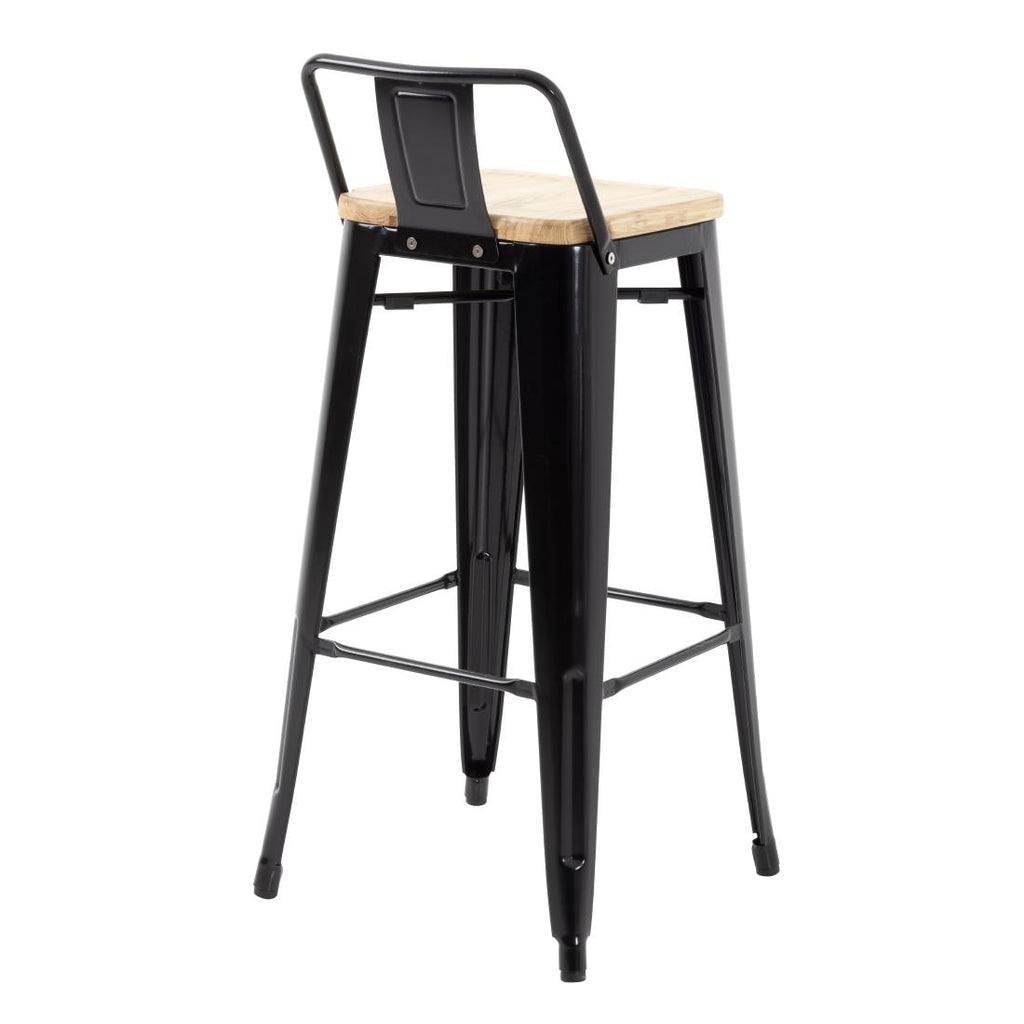 Bolero Bistro High Stool with Backrest Black & Wooden Seat Pad (Pack 4)