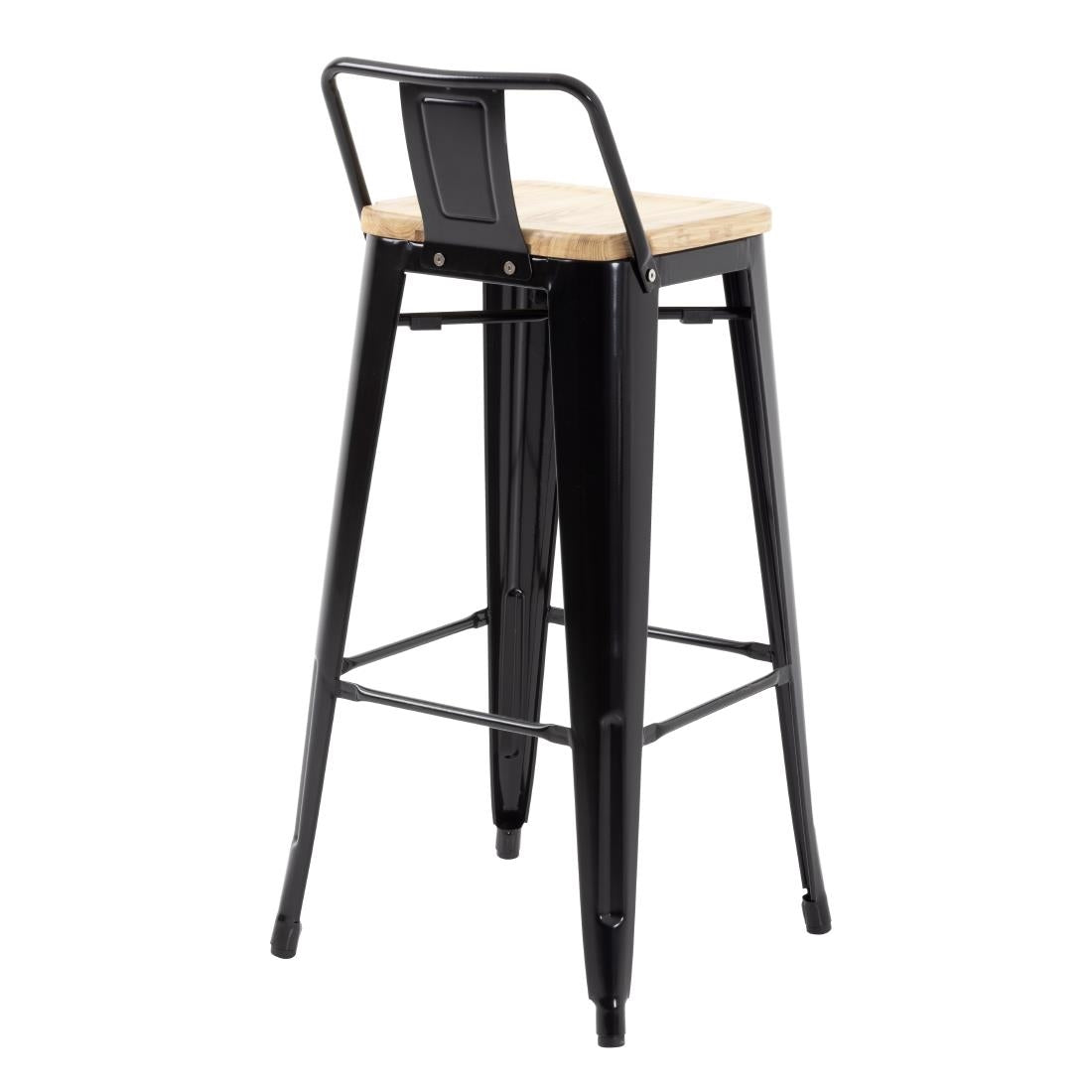 Bolero Bistro High Stool with Backrest Black & Wooden Seat Pad (Pack 4)
