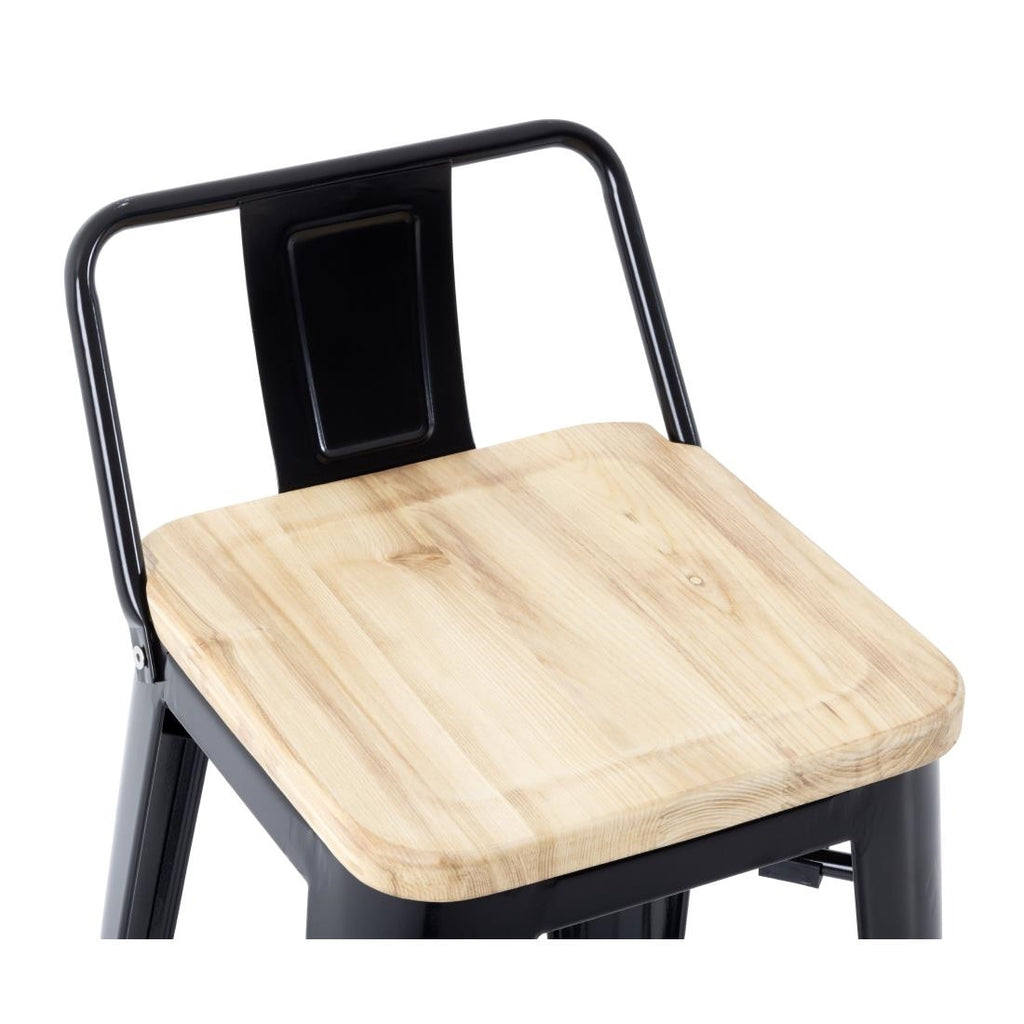 Bolero Bistro High Stool with Backrest Black & Wooden Seat Pad (Pack 4)