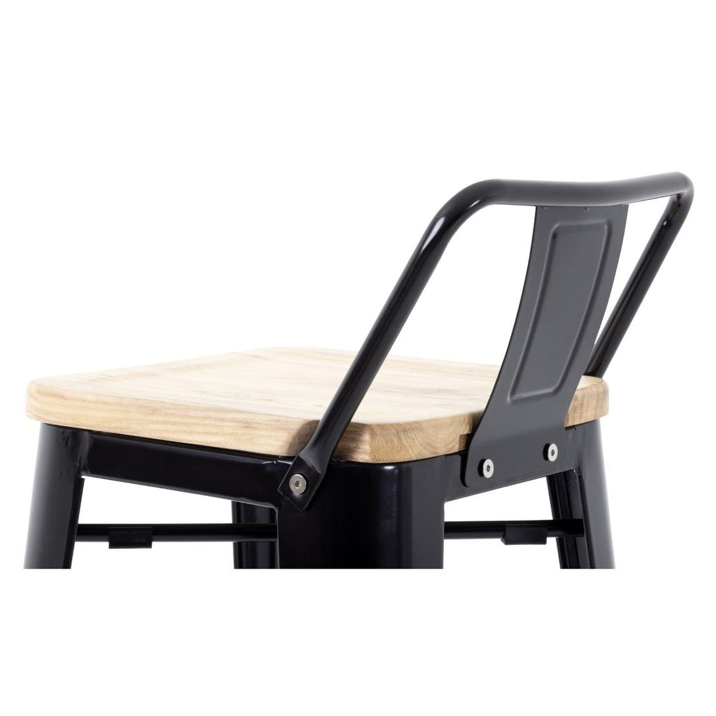 Bolero Bistro High Stool with Backrest Black & Wooden Seat Pad (Pack 4)