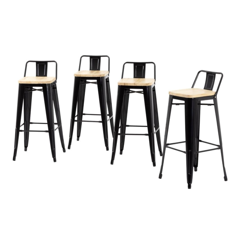 Bolero Bistro High Stool with Backrest Black & Wooden Seat Pad (Pack 4)