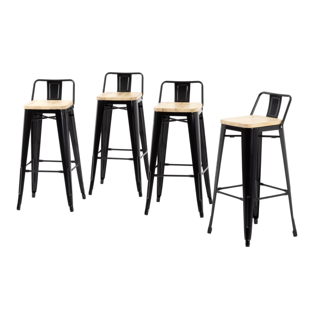 Bolero Bistro High Stool with Backrest Black & Wooden Seat Pad (Pack 4)