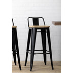 Bolero Bistro High Stool with Backrest Black & Wooden Seat Pad (Pack 4)