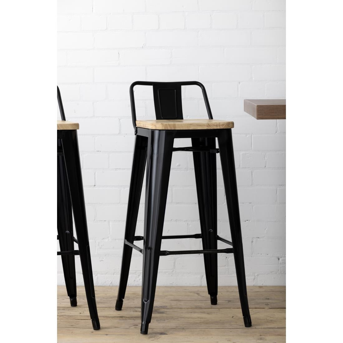 Bolero Bistro High Stool with Backrest Black & Wooden Seat Pad (Pack 4)
