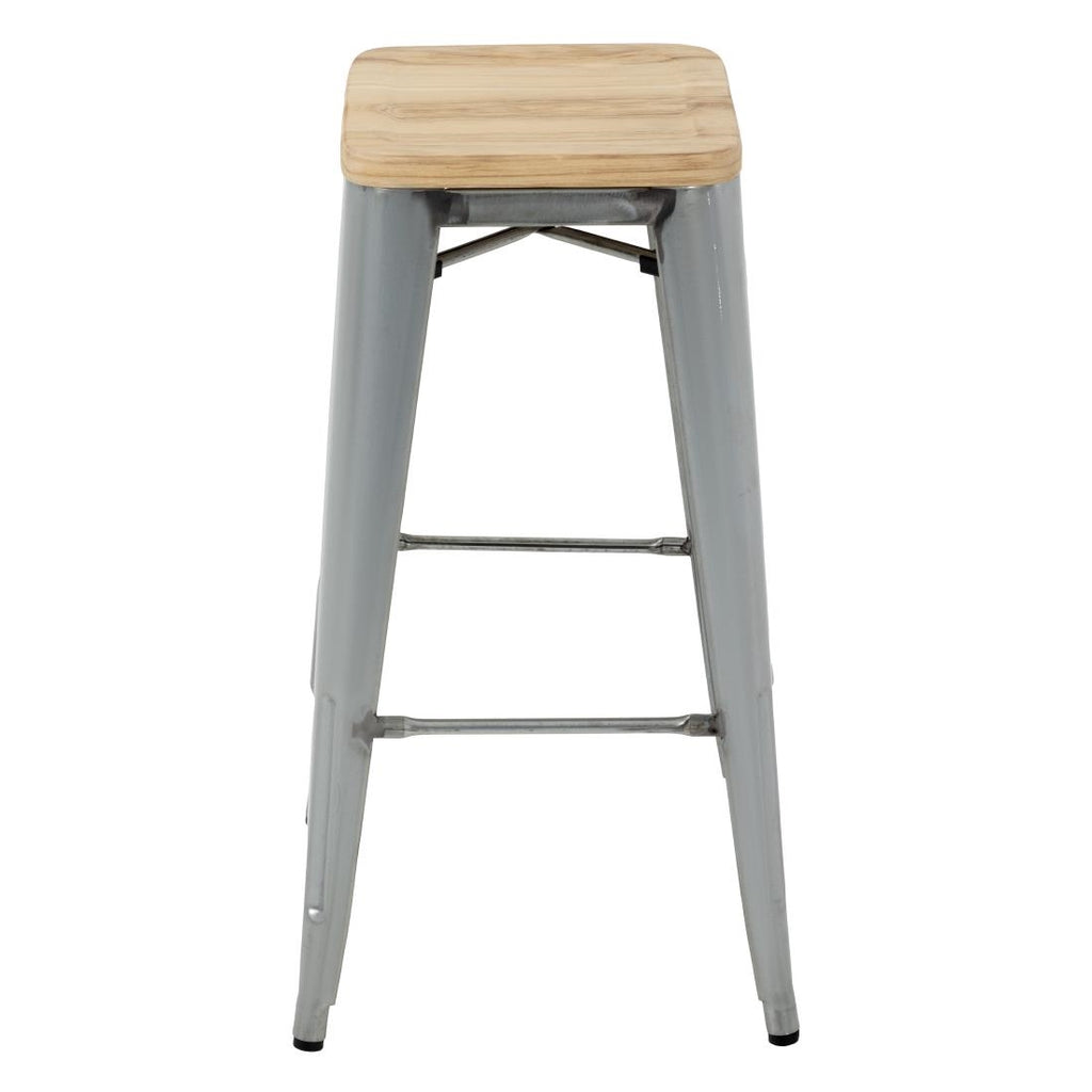 Bolero Steel  Bistro High Stool with Wooden Seatpad (Galvanised) (Pack 4)
