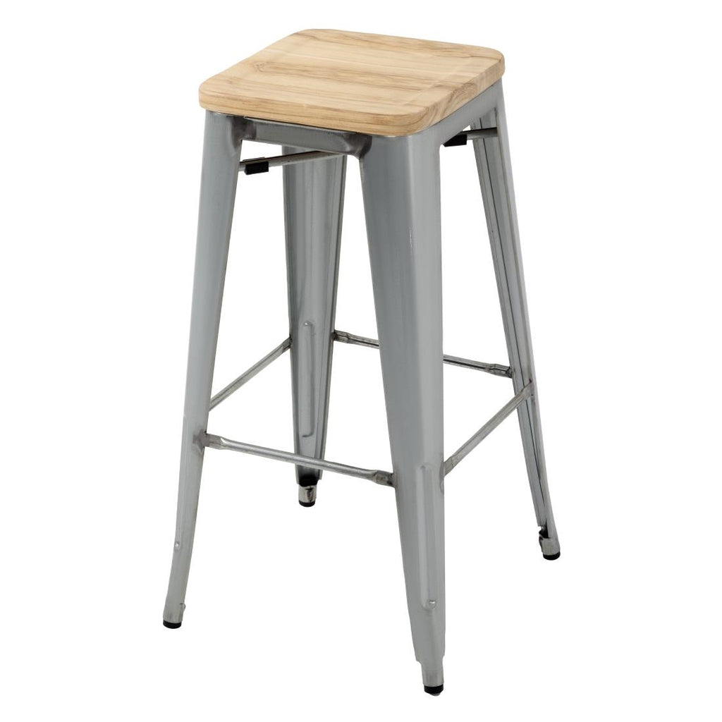 Bolero Steel  Bistro High Stool with Wooden Seatpad (Galvanised) (Pack 4)