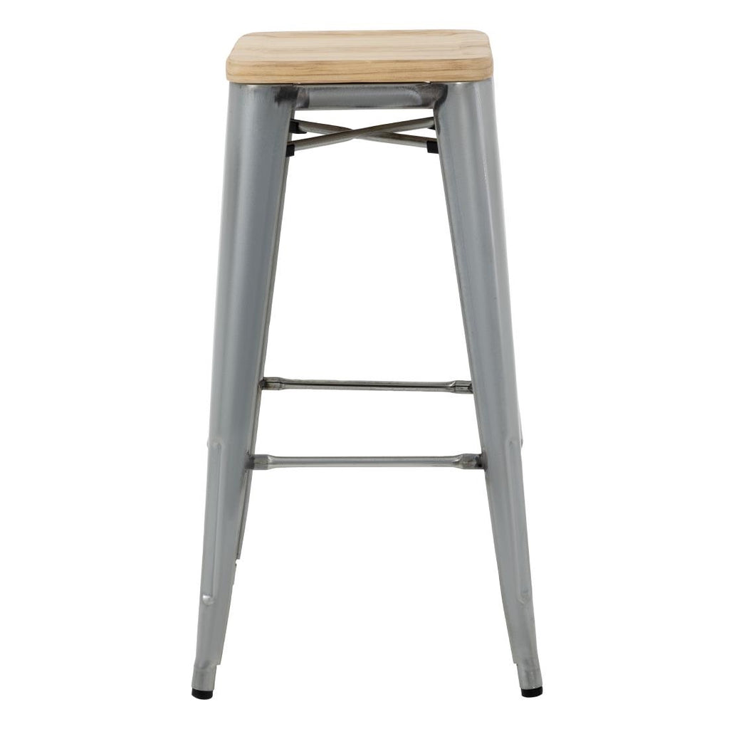 Bolero Steel  Bistro High Stool with Wooden Seatpad (Galvanised) (Pack 4)