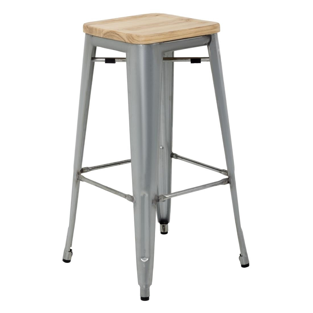 Bolero Steel  Bistro High Stool with Wooden Seatpad (Galvanised) (Pack 4)